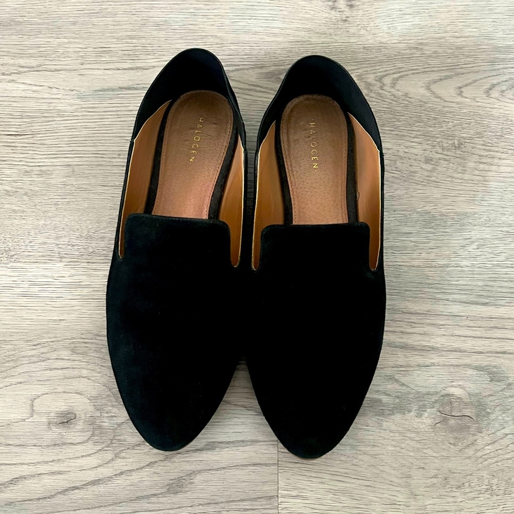 halogen black suede leather slip-on mule loafers